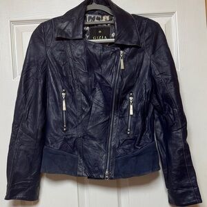 Navy Leather Zip-Front Jacket